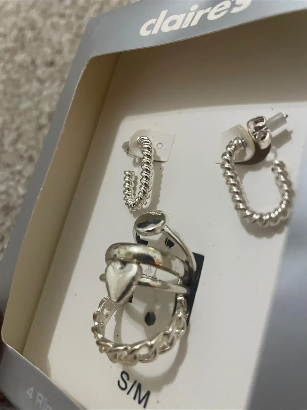Claire's Silver Tone Kids Ring and Hoop Earring Set